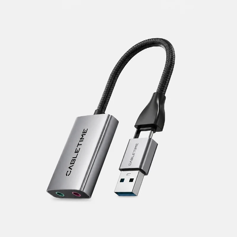 USB-C/A to 3.5mm External Sound Card with Mic & Headphone Jacks